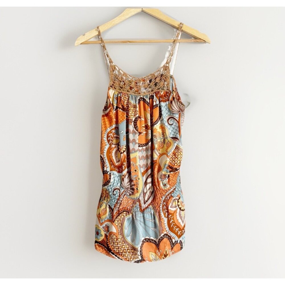 Anna Paul Floral Silk Crochet Beaded Top Large Sleeveless Resort Vacation